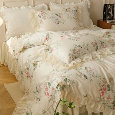 Premium Vintage Floral Cotton Bedding Set with Ruffles - Elegant and Comfortable - King/Queen